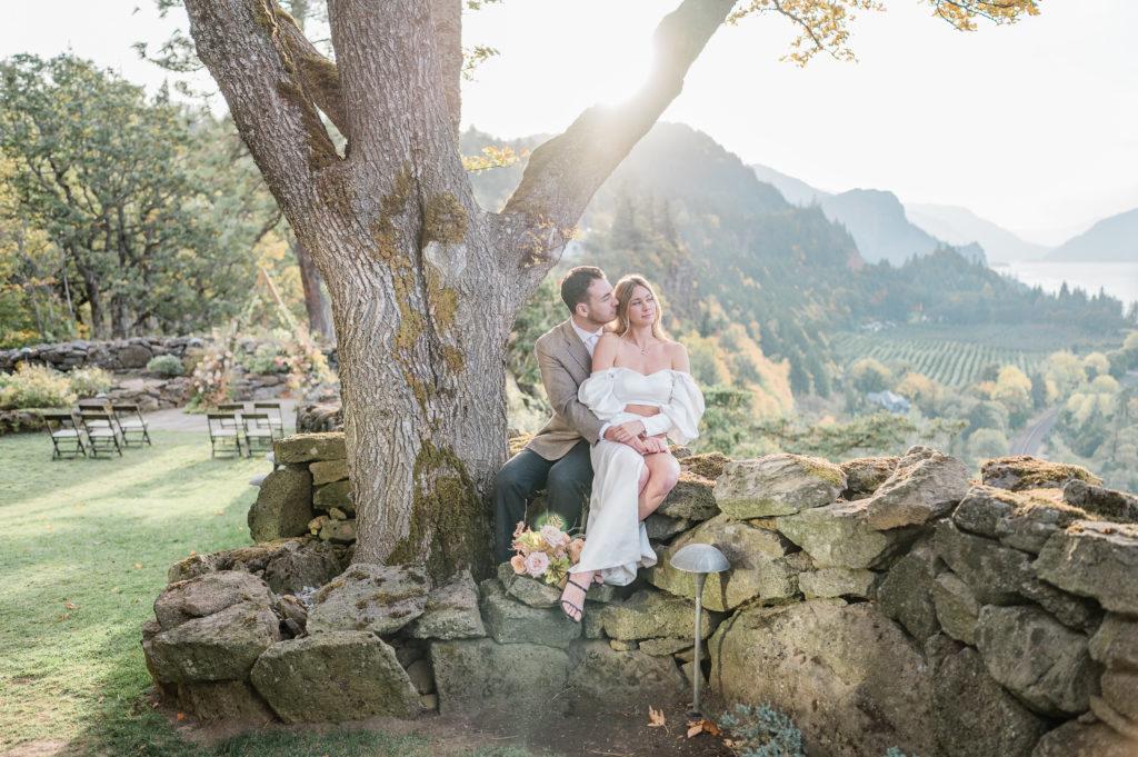 Seattle Photographers wedding photographer of couple overlooking the mountain.