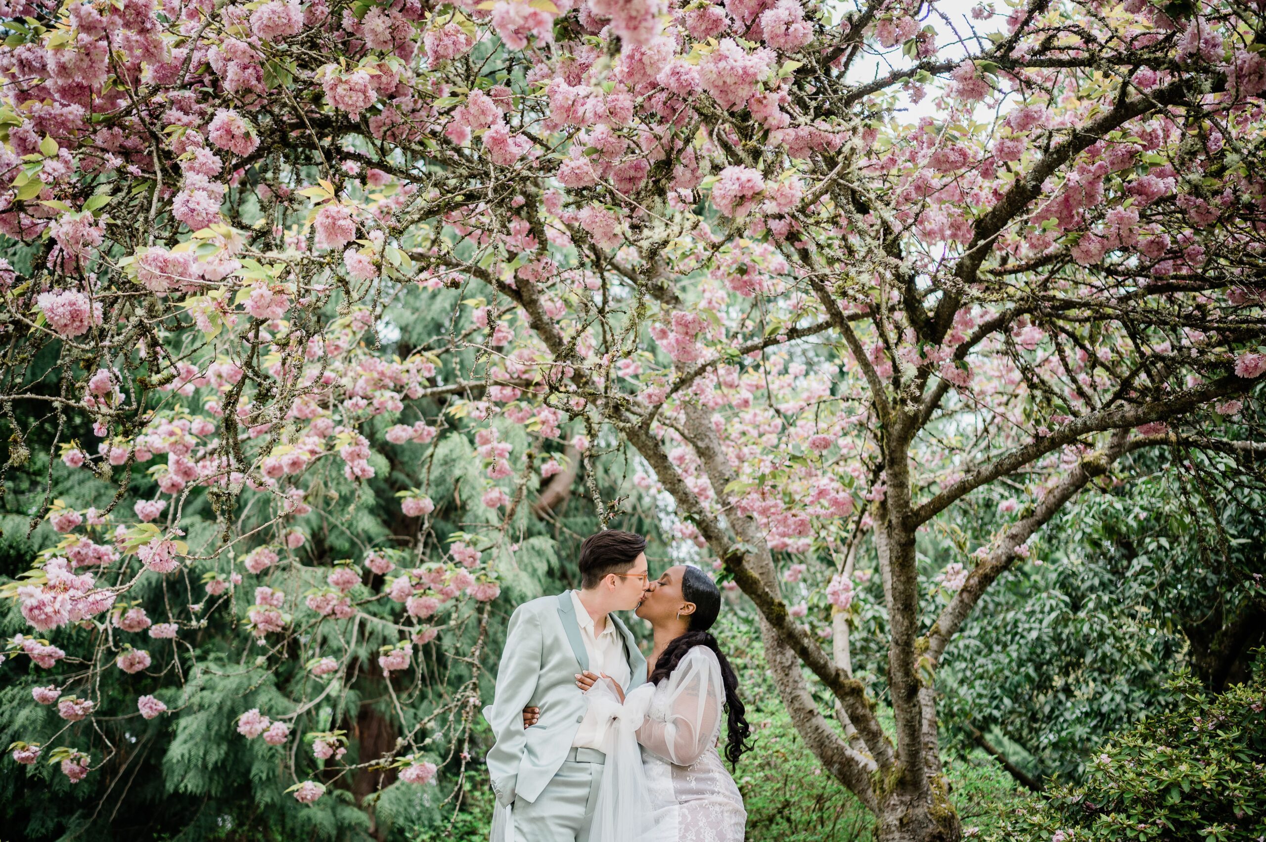 LGBTQ+ couple kissing under the cherry blossom tree in Seattle, WA.